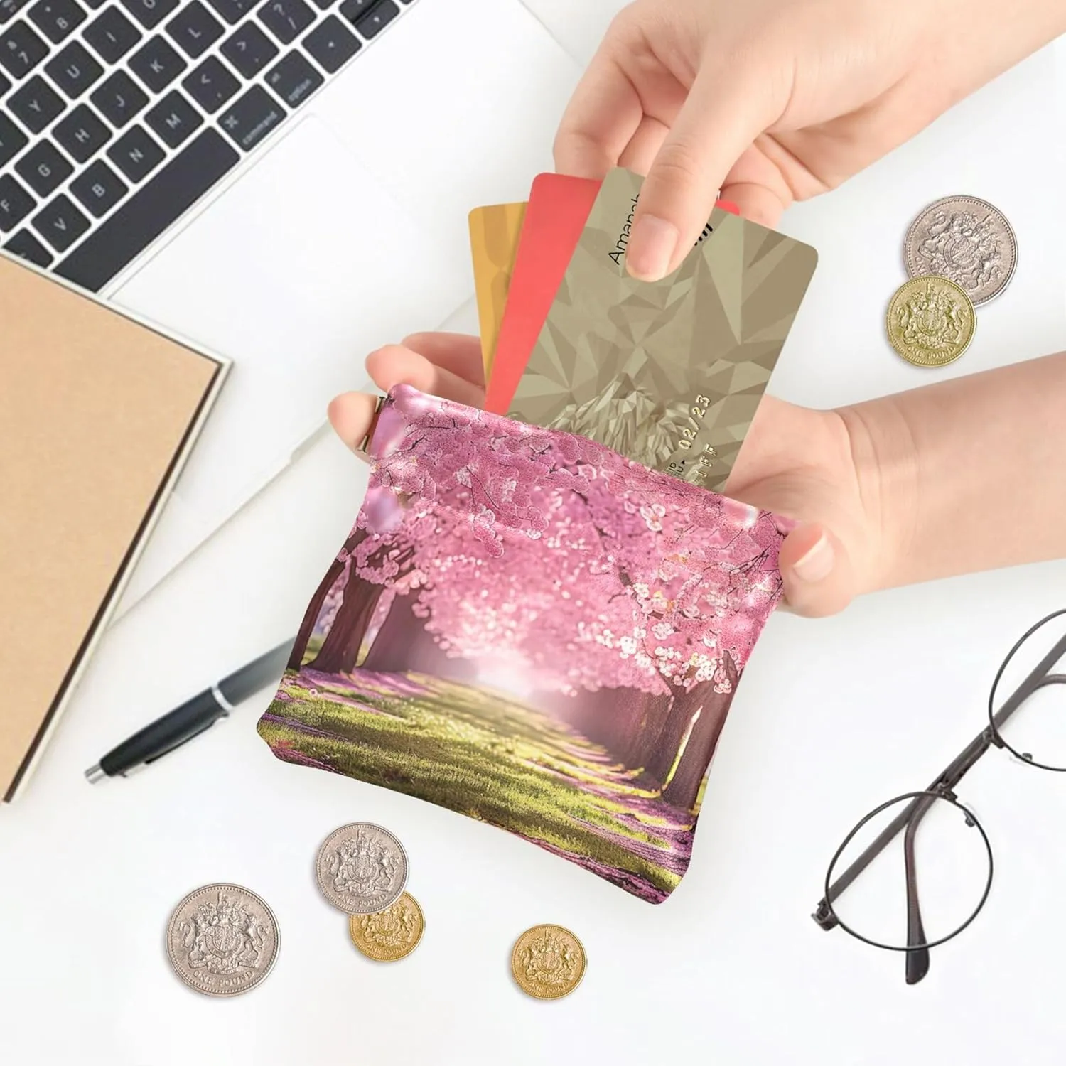 Custom Coin Purse for Women Leather Cherry Blossom Trees Bloom Squeeze Small Change Purse for Coins