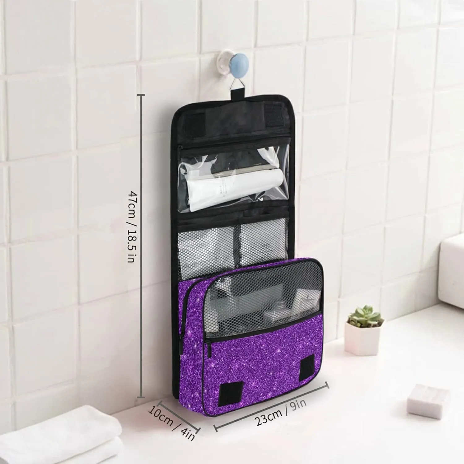 Custom Dark Purple Glitter PATTERN Travel Hanging Toiletry Bag Personalized Makeup Large Customized Cosmetic Bag Makeup Cosmetic Case Waterproof for Women Men Girls Accessories
