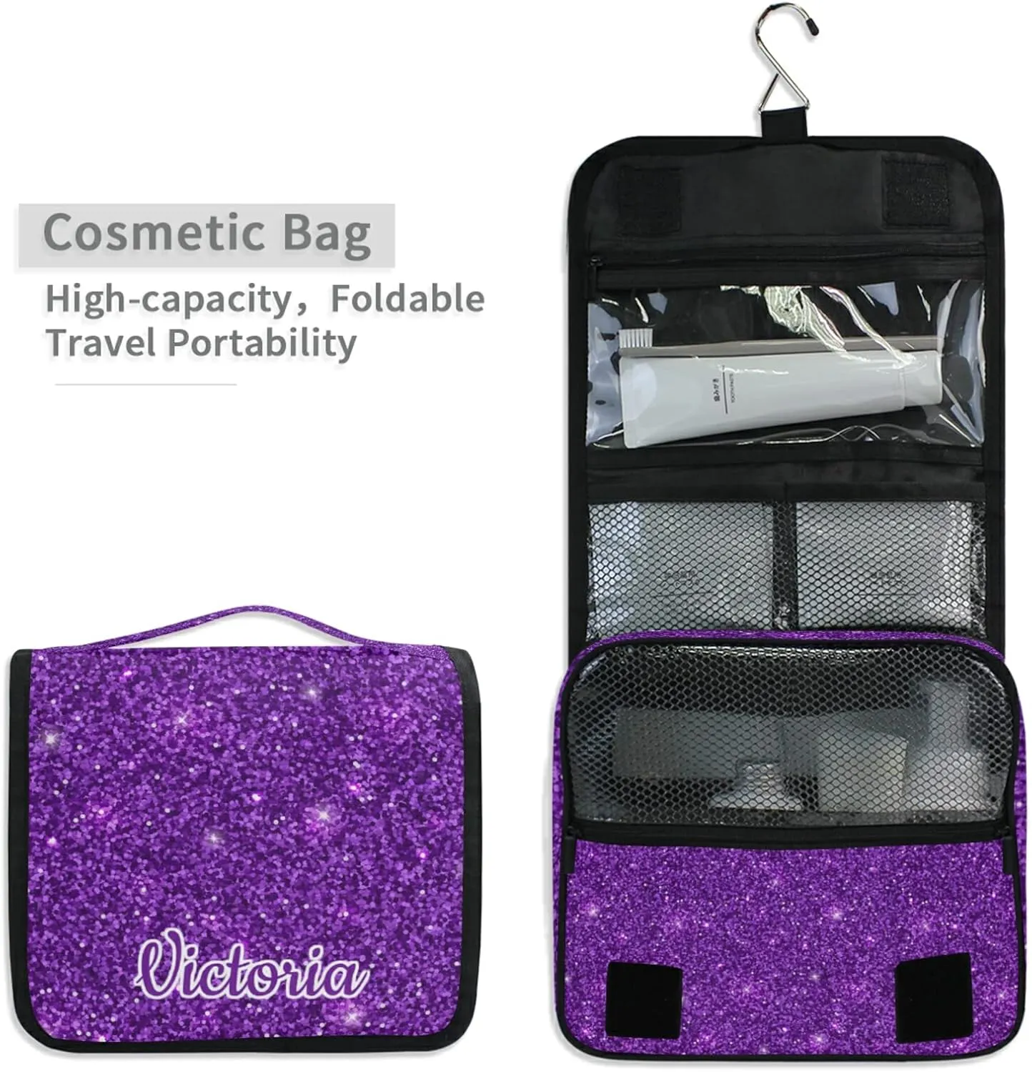 Custom Dark Purple Glitter PATTERN Travel Hanging Toiletry Bag Personalized Makeup Large Customized Cosmetic Bag Makeup Cosmetic Case Waterproof for Women Men Girls Accessories
