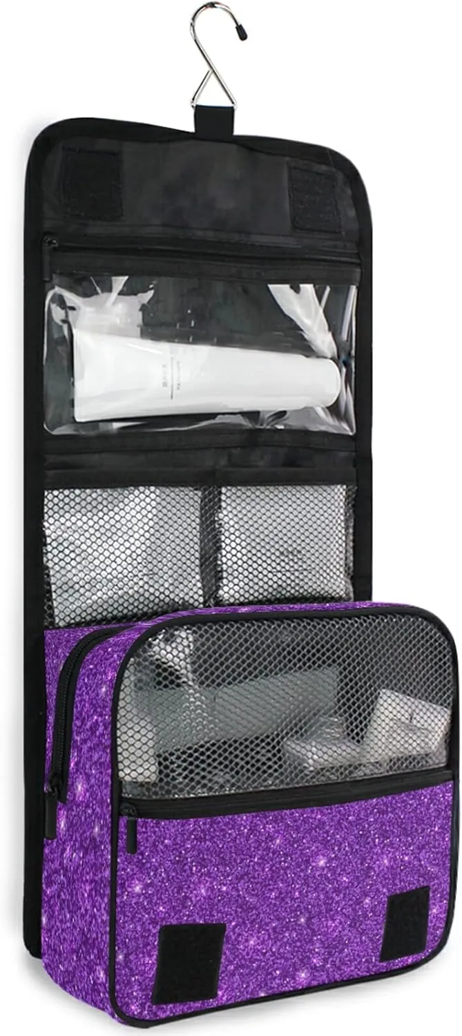 Custom Dark Purple Glitter PATTERN Travel Hanging Toiletry Bag Personalized Makeup Large Customized Cosmetic Bag Makeup Cosmetic Case Waterproof for Women Men Girls Accessories