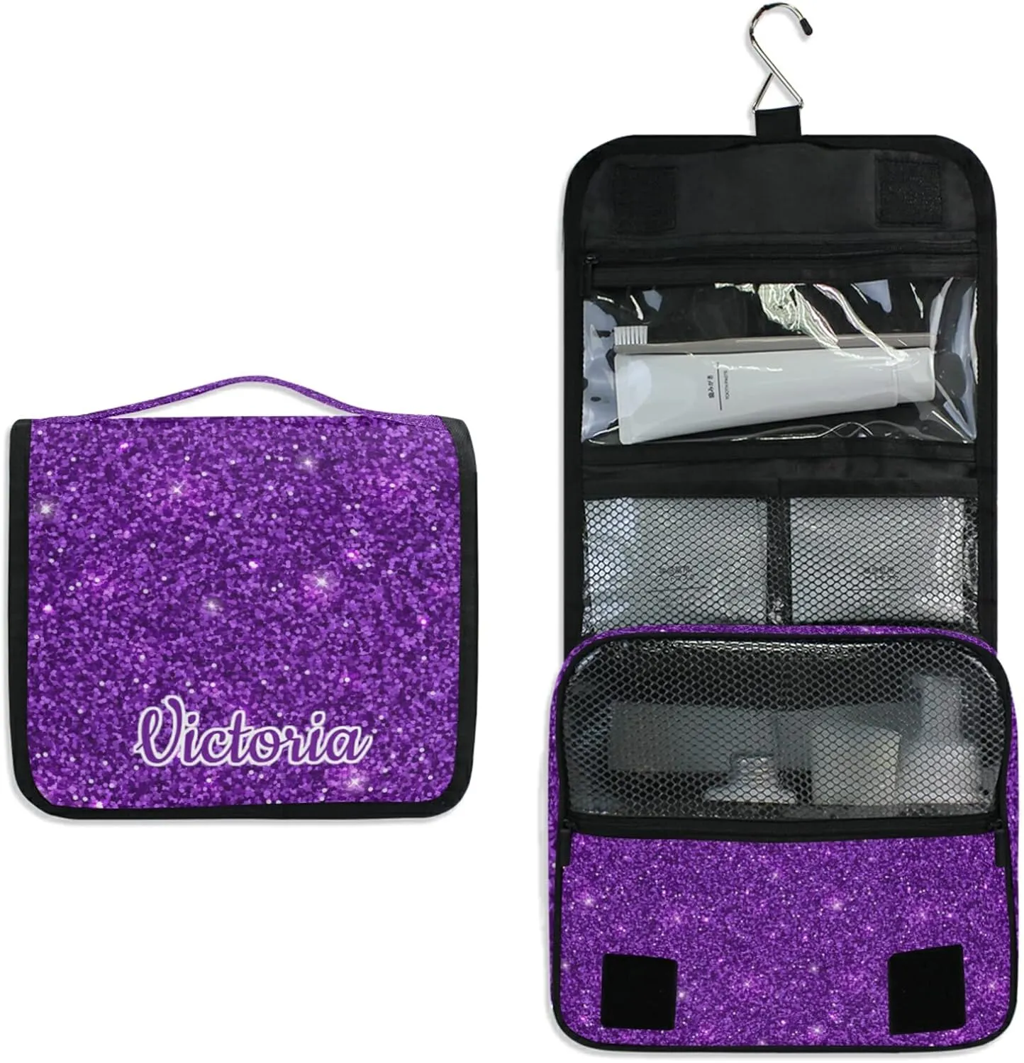 Custom Dark Purple Glitter PATTERN Travel Hanging Toiletry Bag Personalized Makeup Large Customized Cosmetic Bag Makeup Cosmetic Case Waterproof for Women Men Girls Accessories