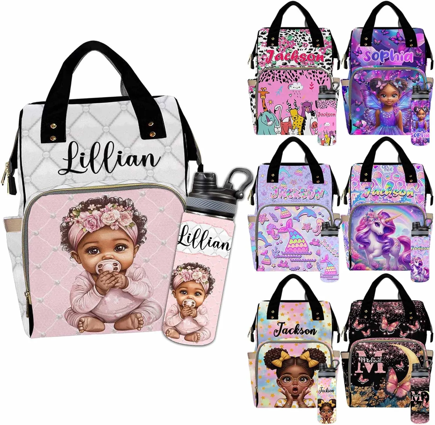 Custom Diaper Bag for Girls Personalized Diaper Bag Backpack &Insulated Water Bottle with Name Custom Monogram Baby Travel Bag Nursing Diaper Mommy Backpack with Adjustable Shoulder Straps Nappy Bag