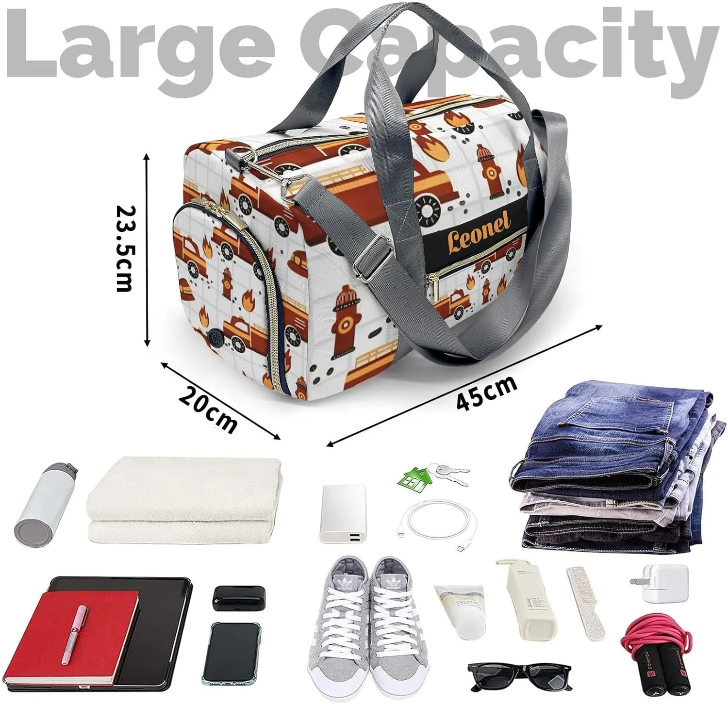 Custom Duffel Bag Sports Fire Truck Car Personalized Duffel Bag,Customized Sport Player Travel Bag for Gifts