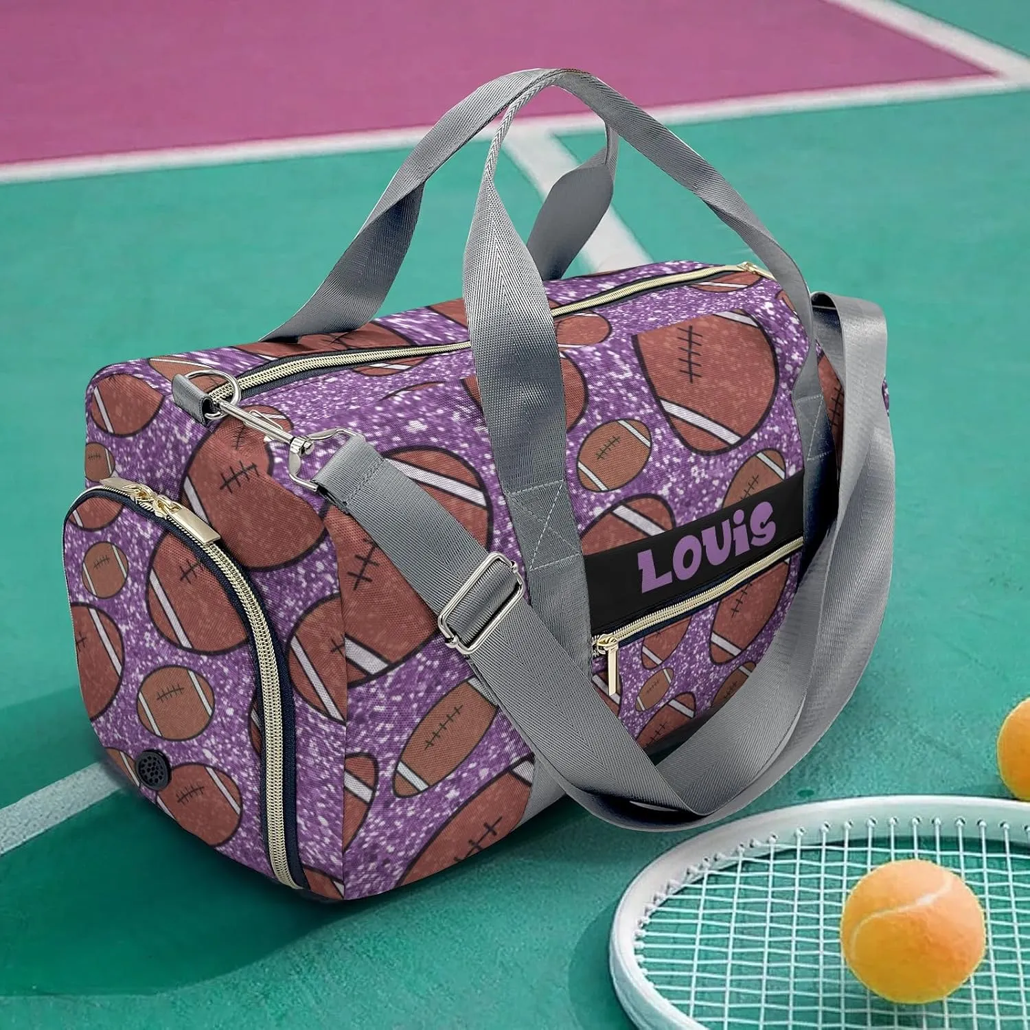 Custom Duffel Bag Sports Football Gliiter Print Purple Gym Bag Personalized Travel Carry on Bag