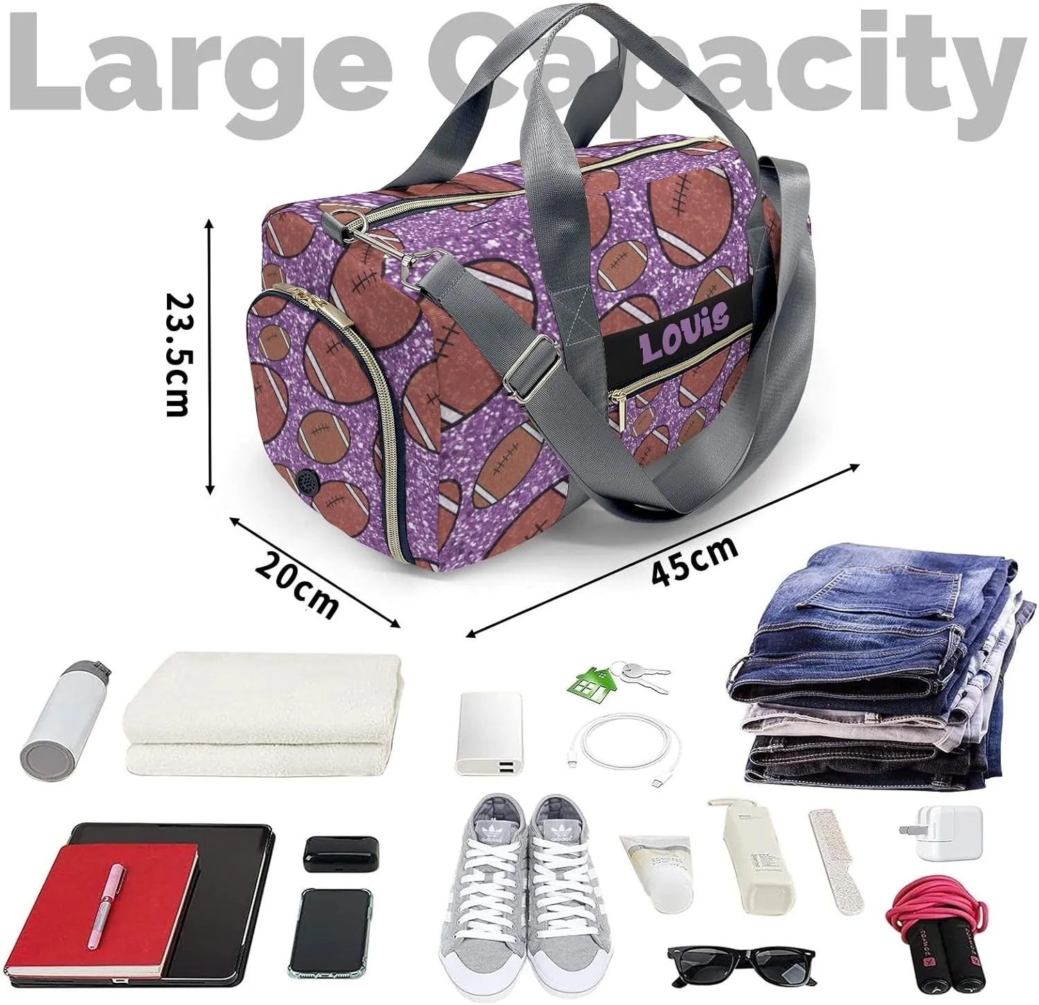 Custom Duffel Bag Sports Football Gliiter Print Purple Gym Bag Personalized Travel Carry on Bag