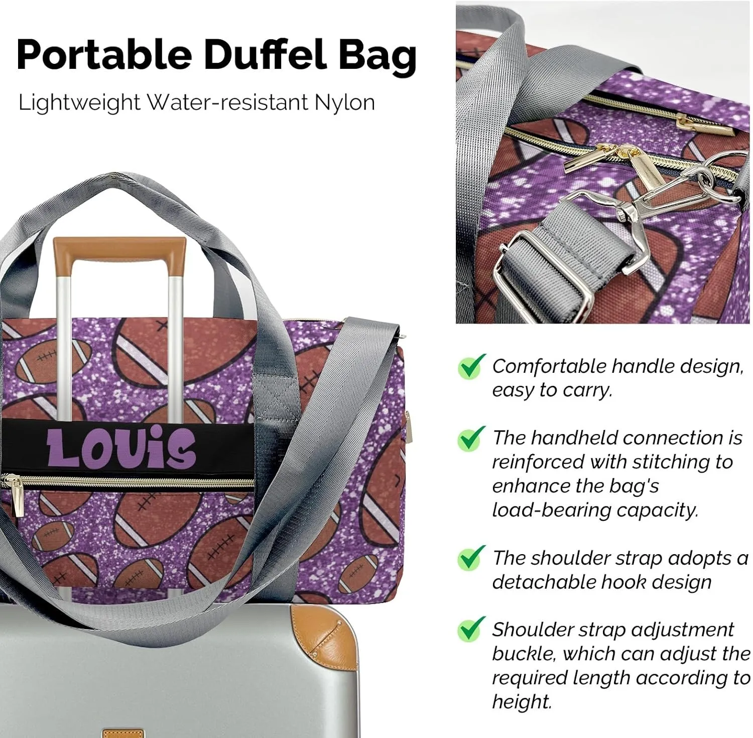 Custom Duffel Bag Sports Football Gliiter Print Purple Gym Bag Personalized Travel Carry on Bag