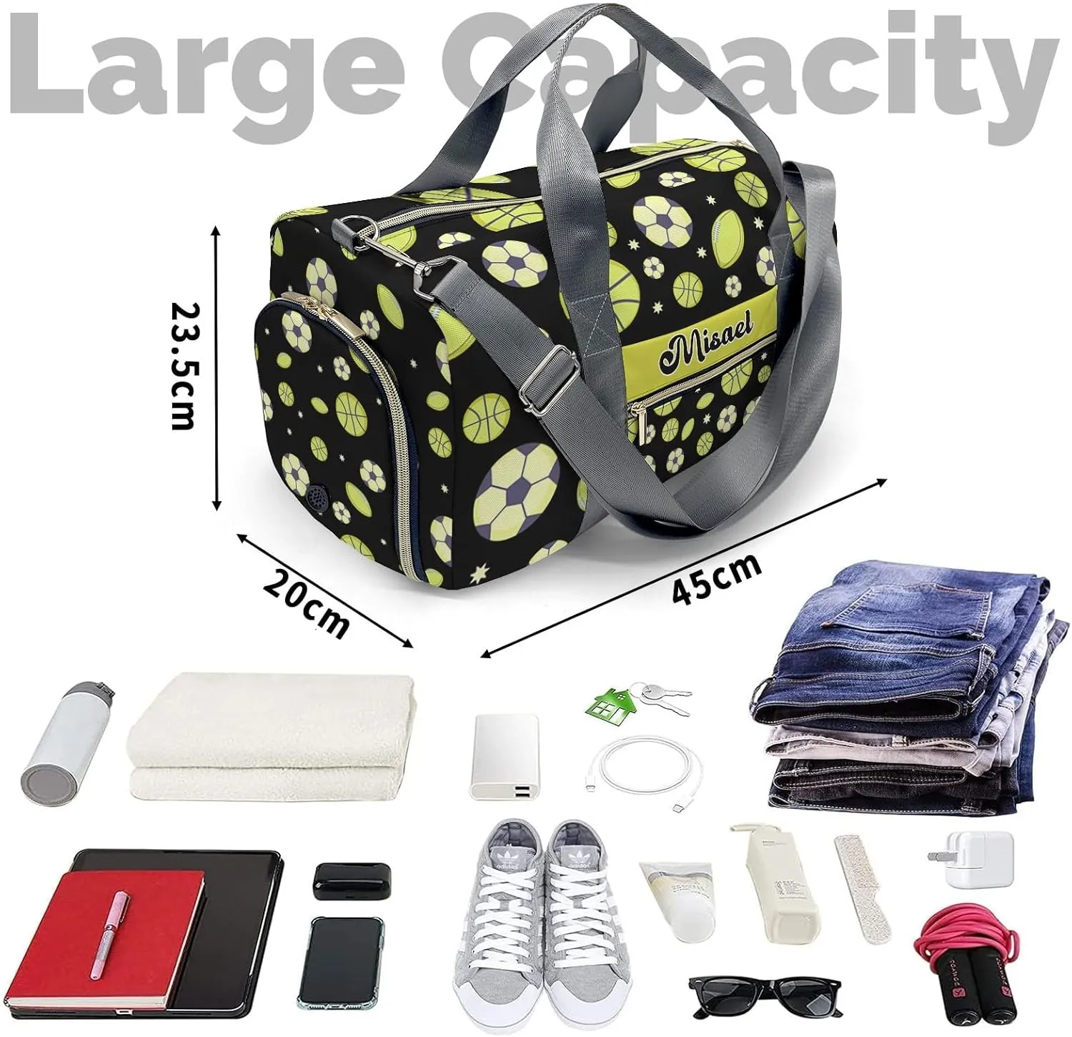 Custom Duffel Overnight Travel Bag for Sports Workout Girls Boys,Balls Basketball Soccer Sport Personalized Duffle Bag Gifts