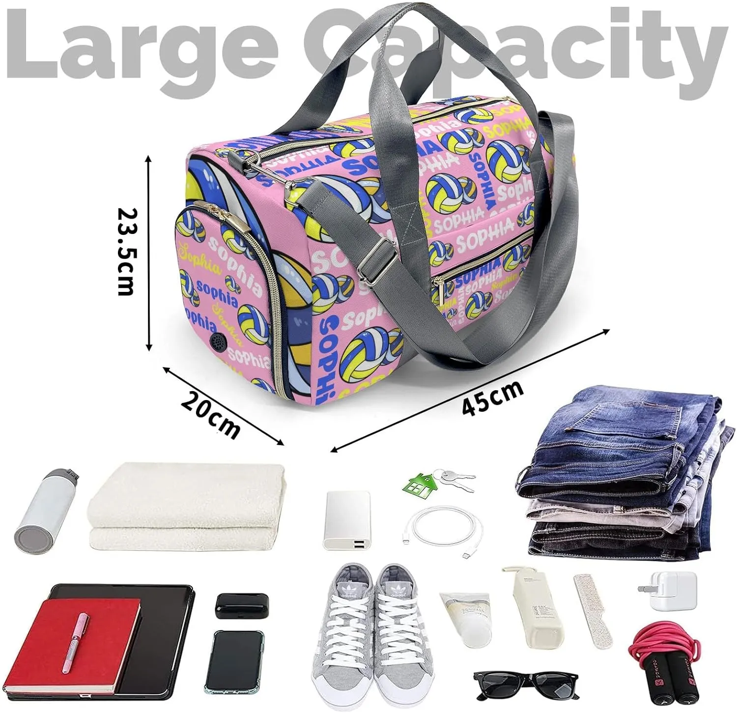 Custom Duffel Overnight Travel Bag for Sports Workout Girls Boys,Pink Text Volleyball Personalized Duffle Bag Gifts