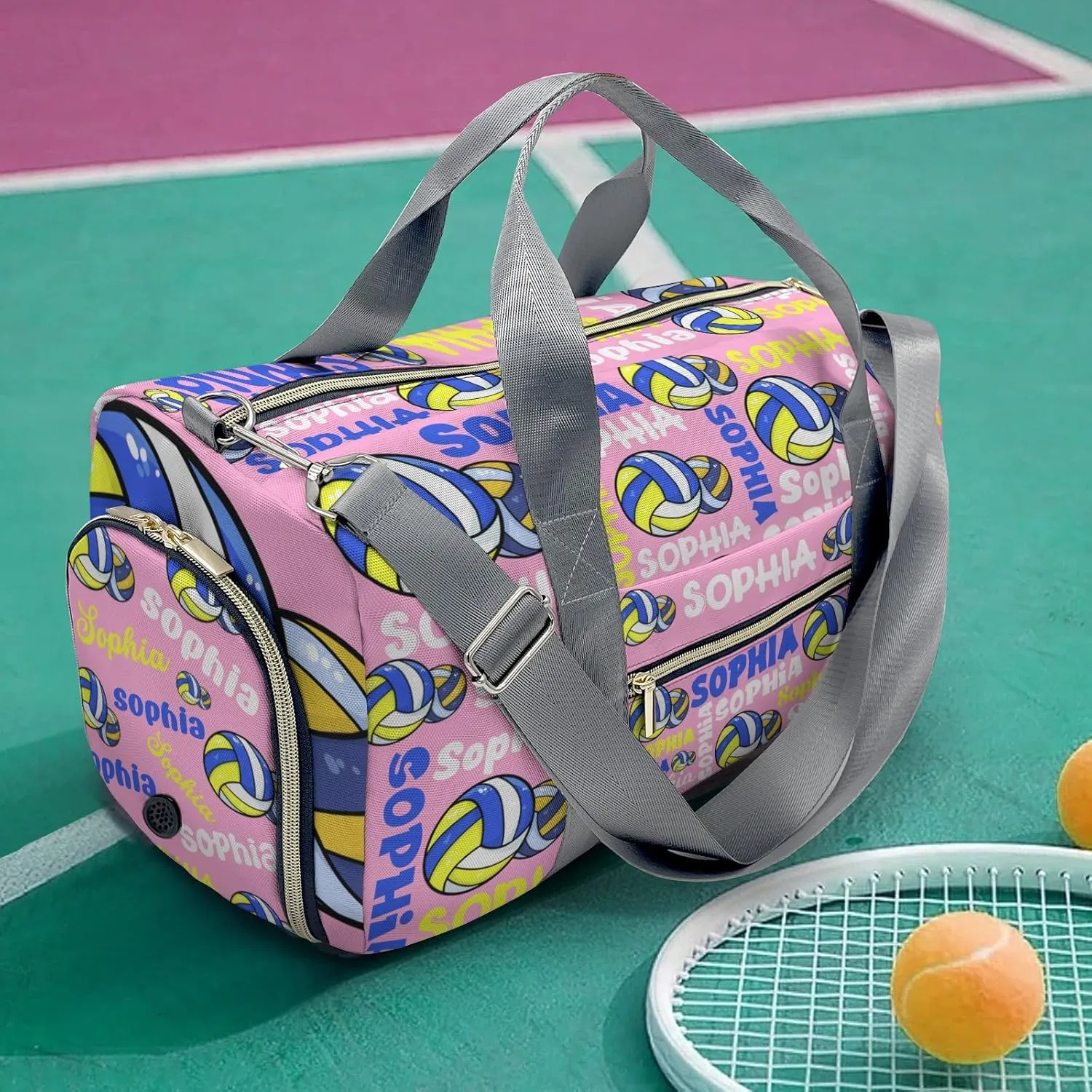 Custom Duffel Overnight Travel Bag for Sports Workout Girls Boys,Pink Text Volleyball Personalized Duffle Bag Gifts