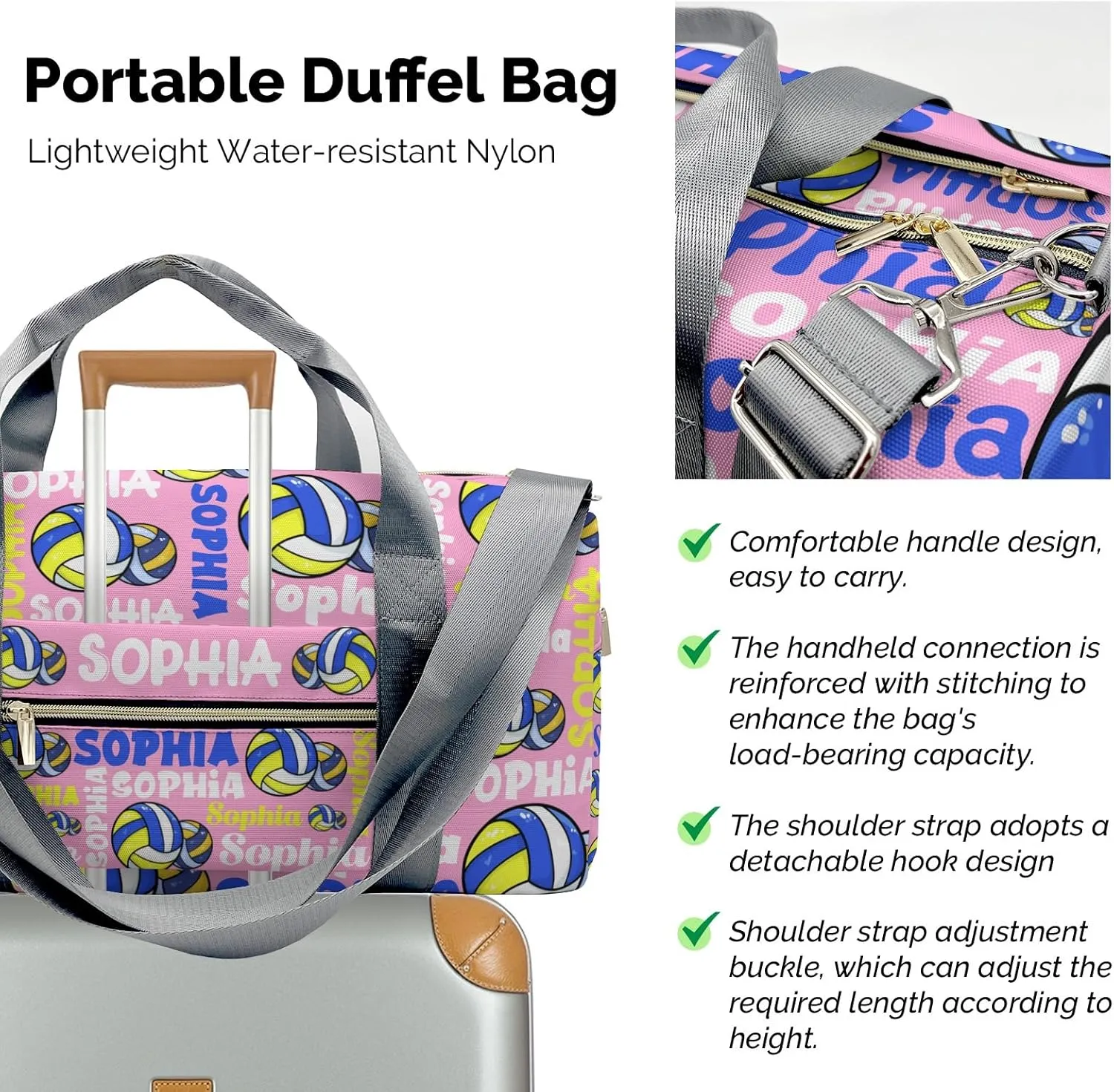 Custom Duffel Overnight Travel Bag for Sports Workout Girls Boys,Pink Text Volleyball Personalized Duffle Bag Gifts