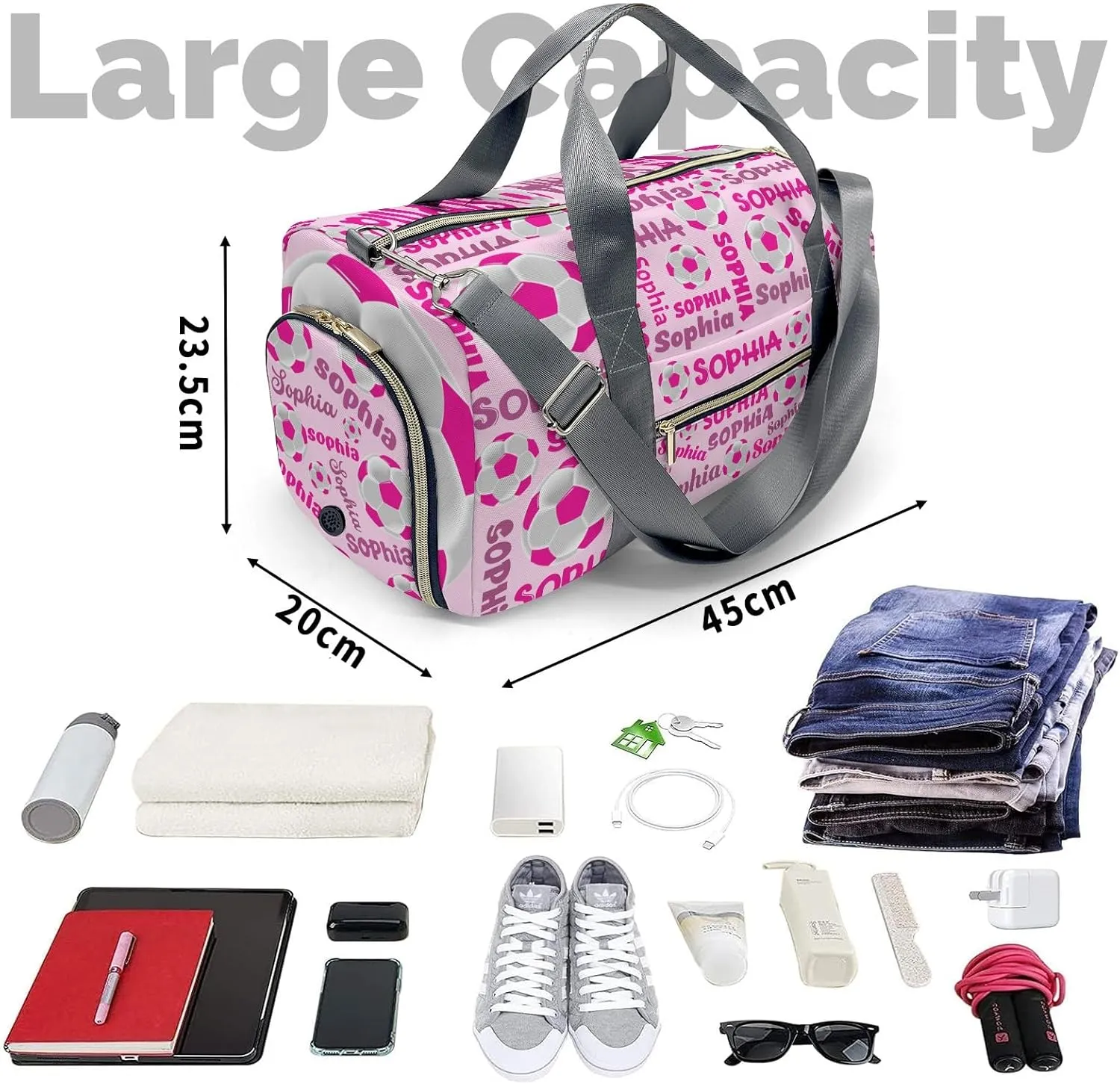 Custom Duffel Overnight Travel Bag for Sports Workout Girls Boys,Soccer Text Pink Personalized Duffle Bag Gifts