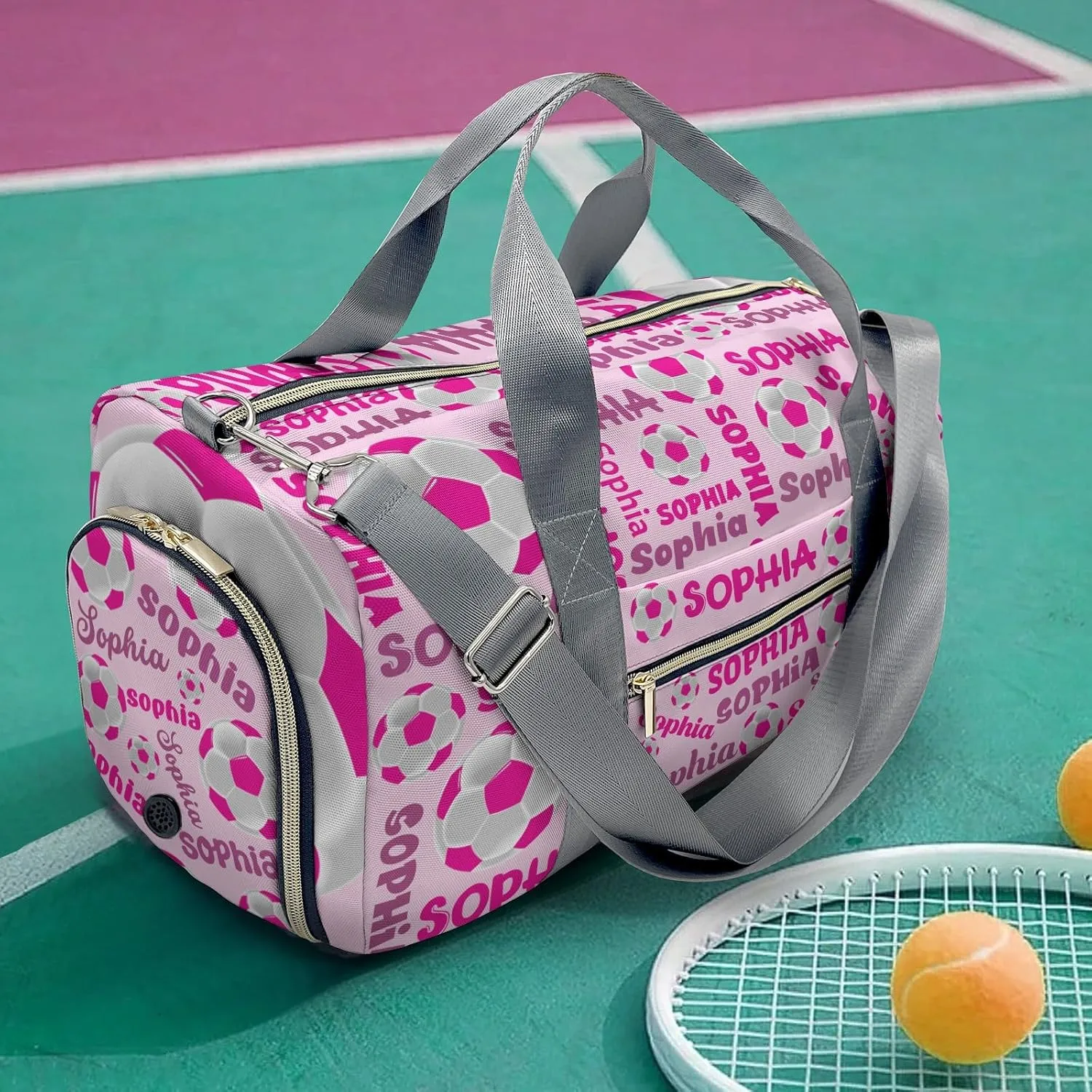 Custom Duffel Overnight Travel Bag for Sports Workout Girls Boys,Soccer Text Pink Personalized Duffle Bag Gifts