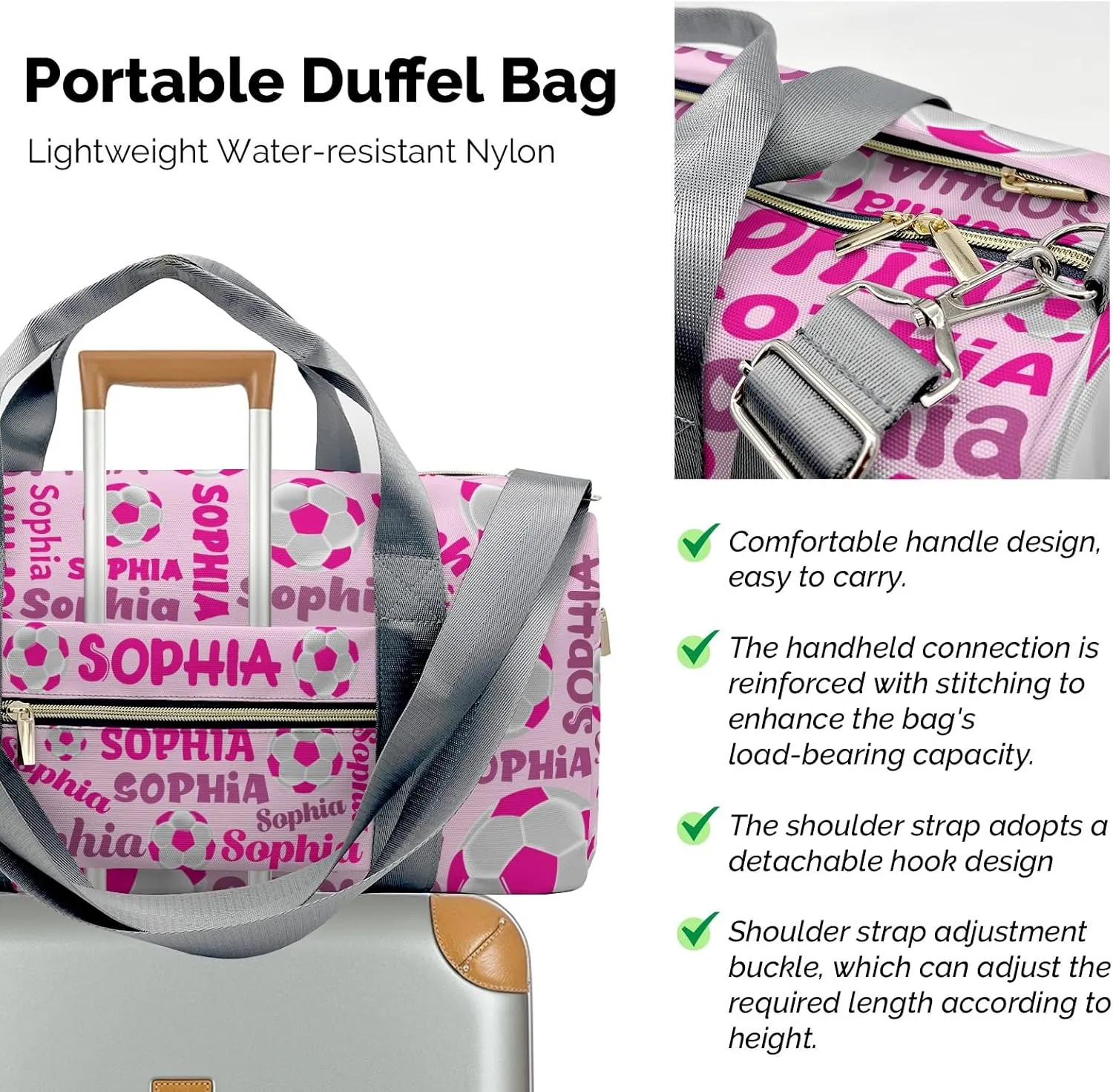 Custom Duffel Overnight Travel Bag for Sports Workout Girls Boys,Soccer Text Pink Personalized Duffle Bag Gifts