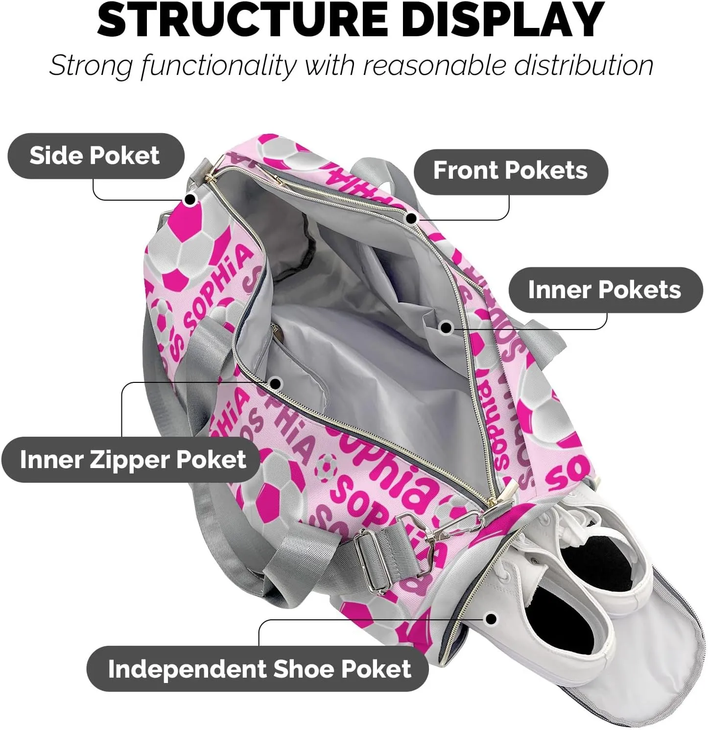 Custom Duffel Overnight Travel Bag for Sports Workout Girls Boys,Soccer Text Pink Personalized Duffle Bag Gifts
