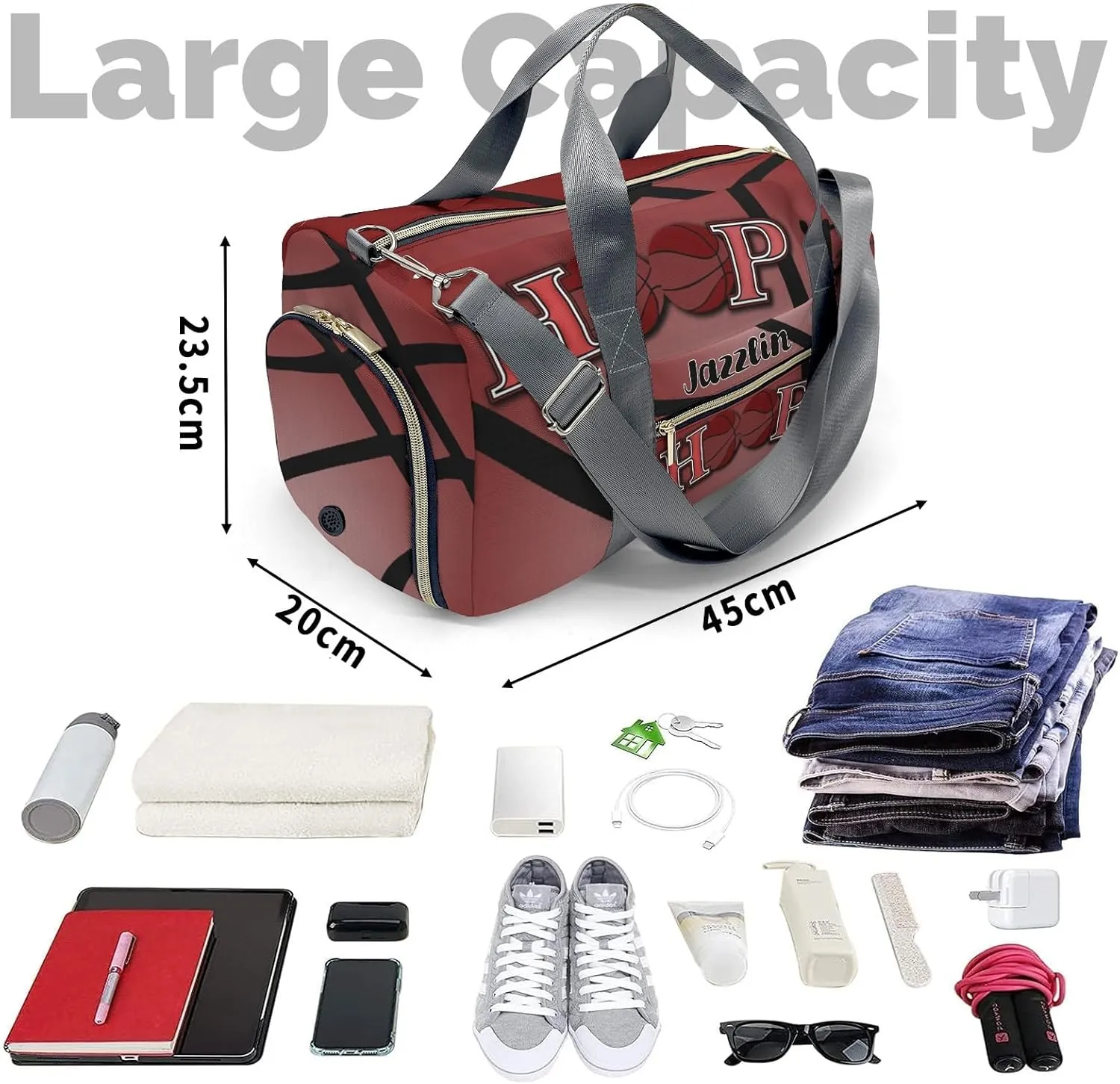 Custom Gift Sport Player Duffel Bag for Hoop it Basketball Red Travel Carry On Bag for Business Trips Sports Bag