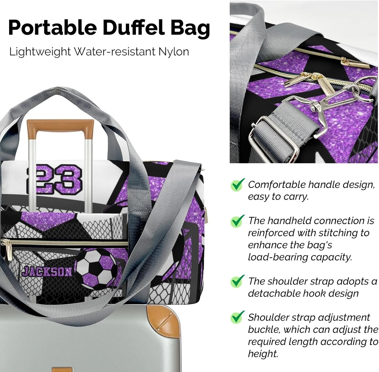 Custom Gift Sport Player Duffel Bag for Soccer Ball Team Purple Travel Weekender Bag,Overnight Bag Sports Bag