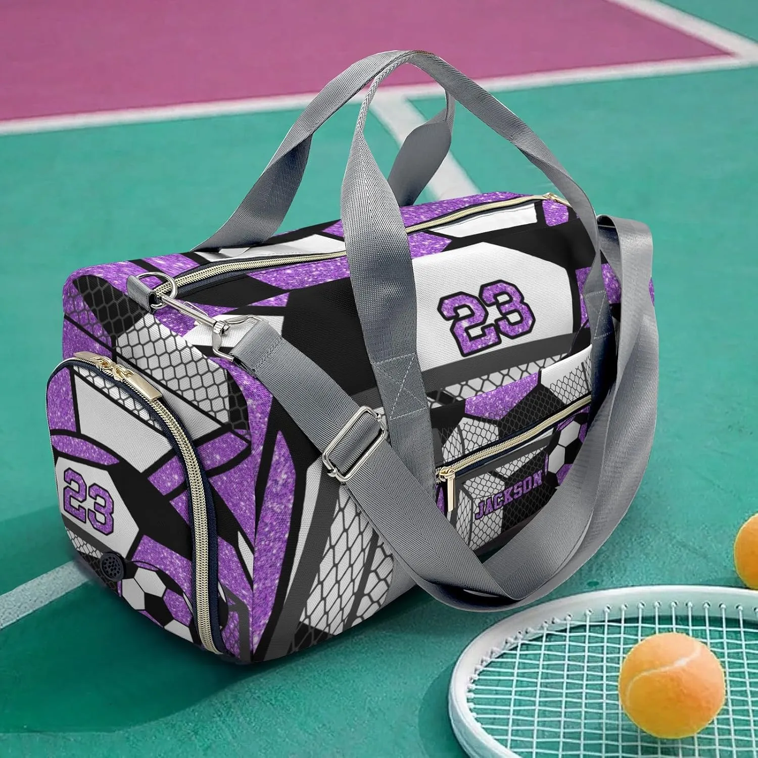 Custom Gift Sport Player Duffel Bag for Soccer Ball Team Purple Travel Weekender Bag,Overnight Bag Sports Bag