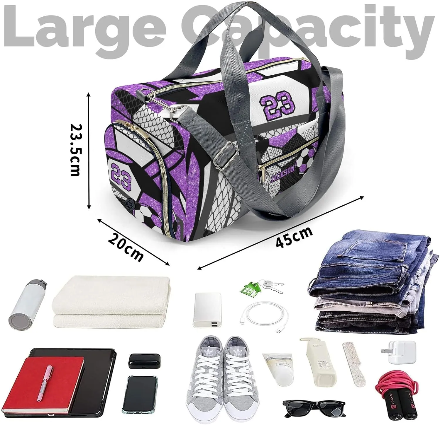 Custom Gift Sport Player Duffel Bag for Soccer Ball Team Purple Travel Weekender Bag,Overnight Bag Sports Bag