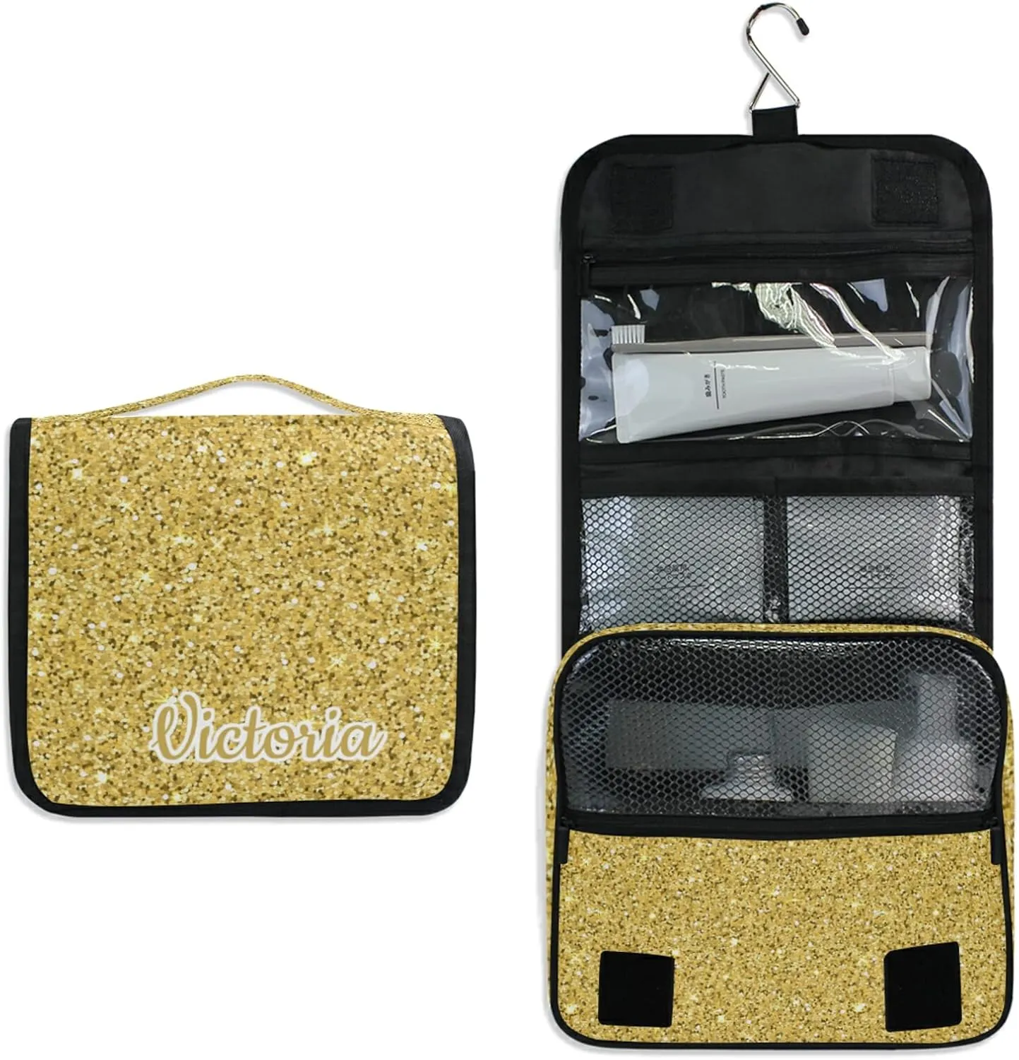 Custom Gold Glitter PATTERN Travel Hanging Toiletry Bag Personalized Makeup Large Customized Cosmetic Bag Shower Bag Waterproof for Bathroom Full-Sized Shampoo Conditioner