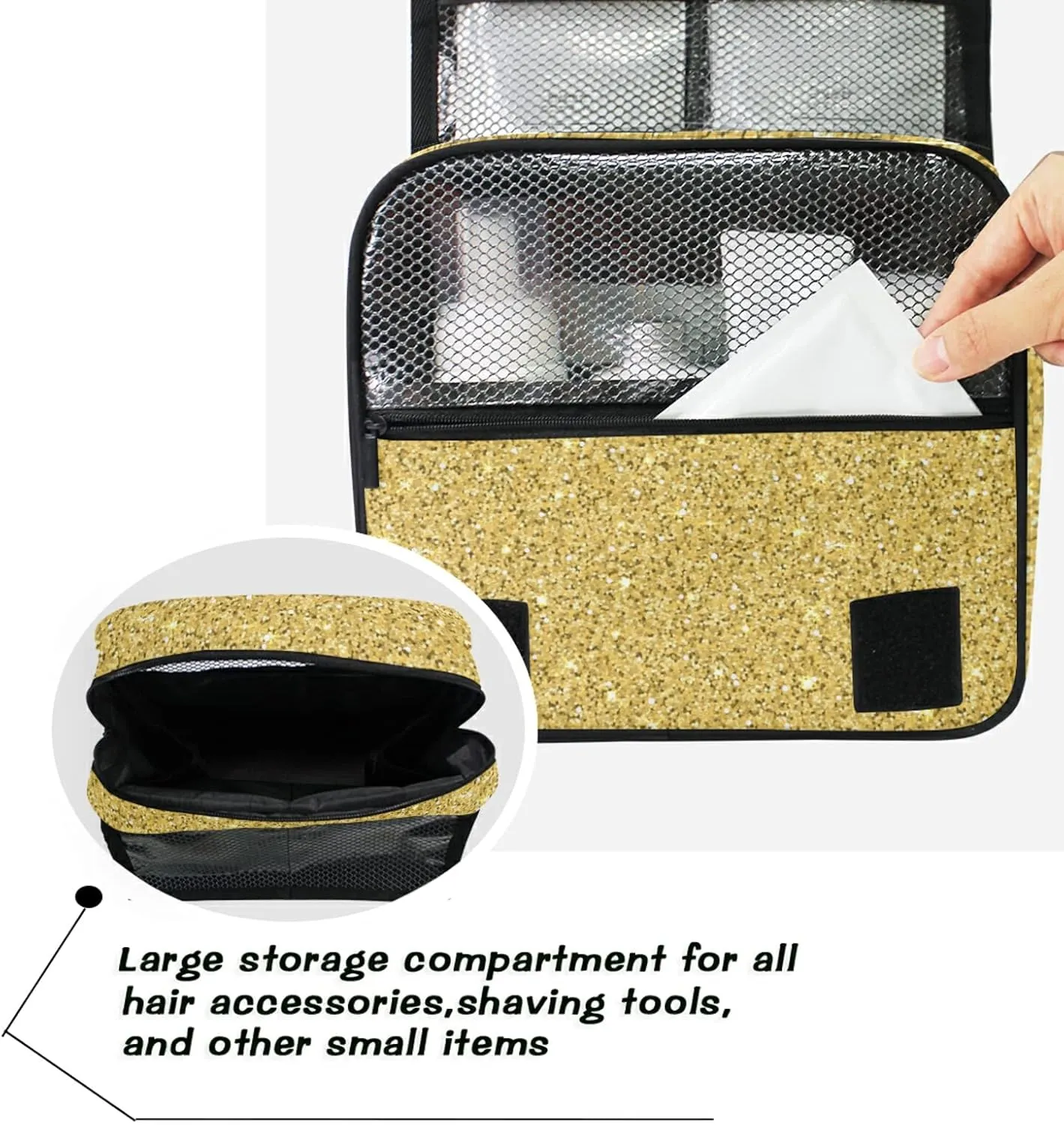 Custom Gold Glitter PATTERN Travel Hanging Toiletry Bag Personalized Makeup Large Customized Cosmetic Bag Shower Bag Waterproof for Bathroom Full-Sized Shampoo Conditioner