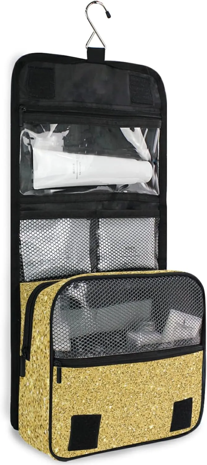 Custom Gold Glitter PATTERN Travel Hanging Toiletry Bag Personalized Makeup Large Customized Cosmetic Bag Shower Bag Waterproof for Bathroom Full-Sized Shampoo Conditioner