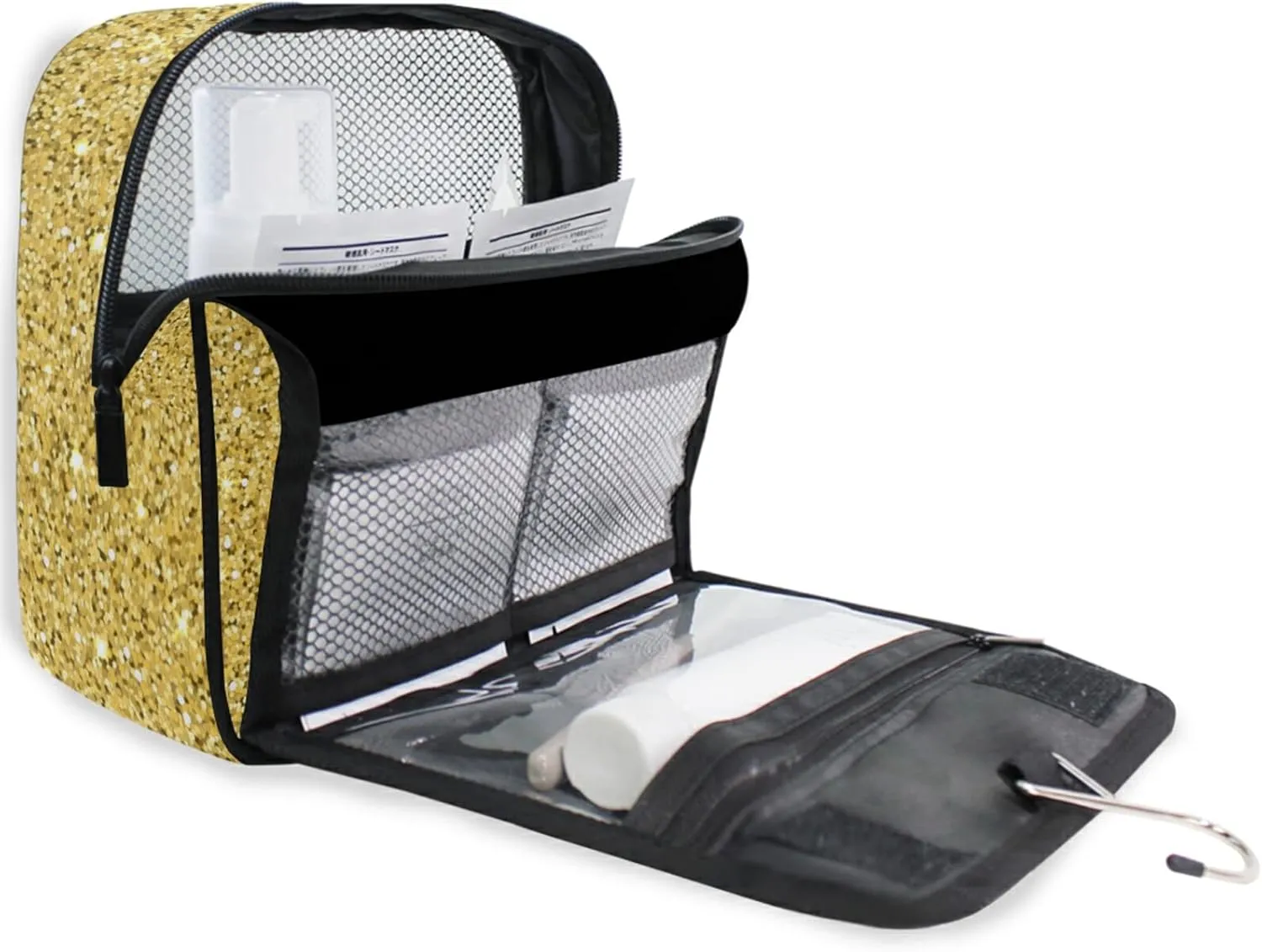 Custom Gold Glitter PATTERN Travel Hanging Toiletry Bag Personalized Makeup Large Customized Cosmetic Bag Shower Bag Waterproof for Bathroom Full-Sized Shampoo Conditioner