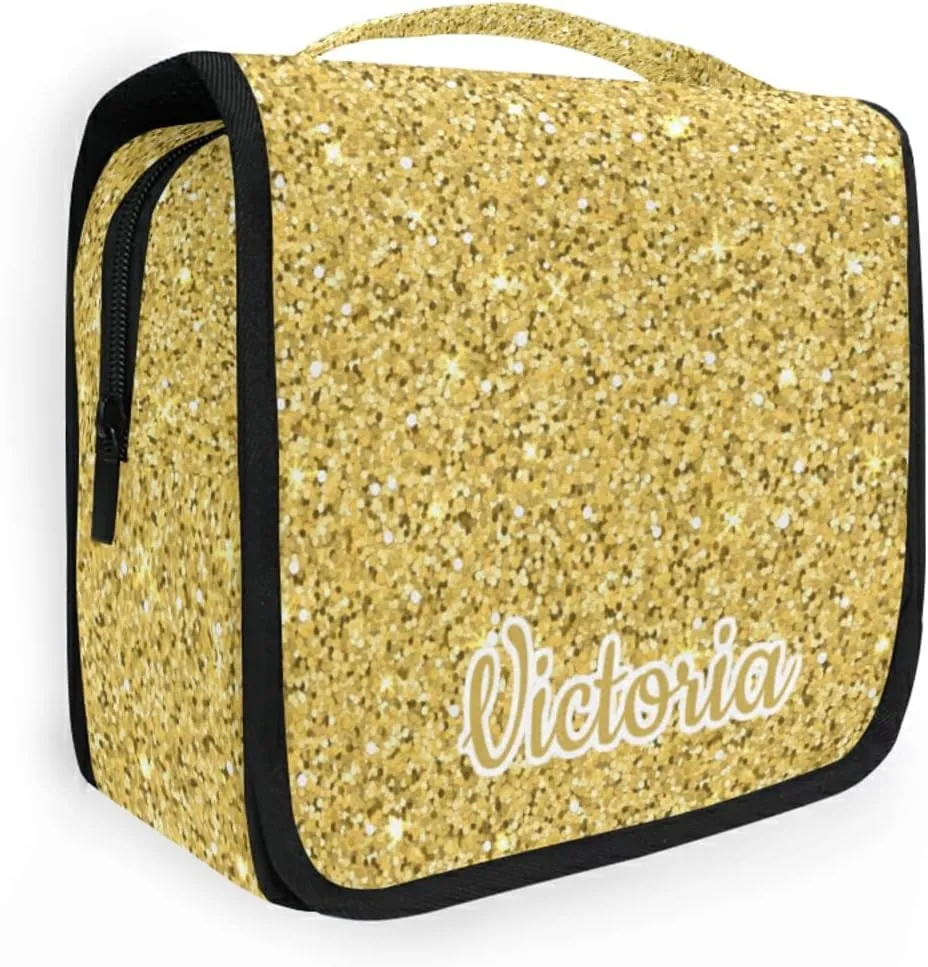 Custom Gold Glitter PATTERN Travel Hanging Toiletry Bag Personalized Makeup Large Customized Cosmetic Bag Shower Bag Waterproof for Bathroom Full-Sized Shampoo Conditioner