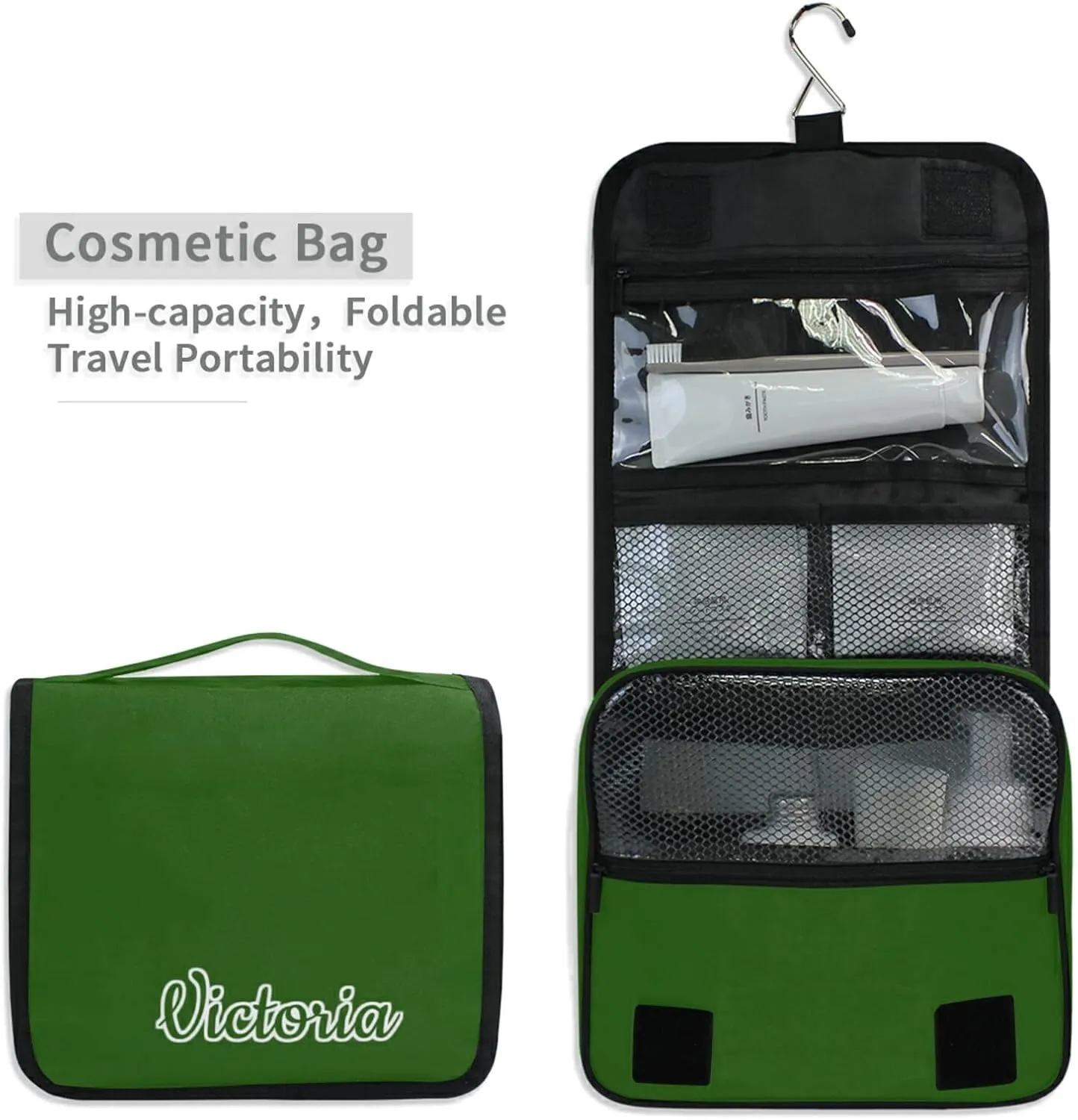 Custom Green Travel Hanging Toiletry Bag Personalized Makeup Large Customized Cosmetic Bag Cosmetic Holder Waterproof for Shampoo Full Sized Container Toiletries