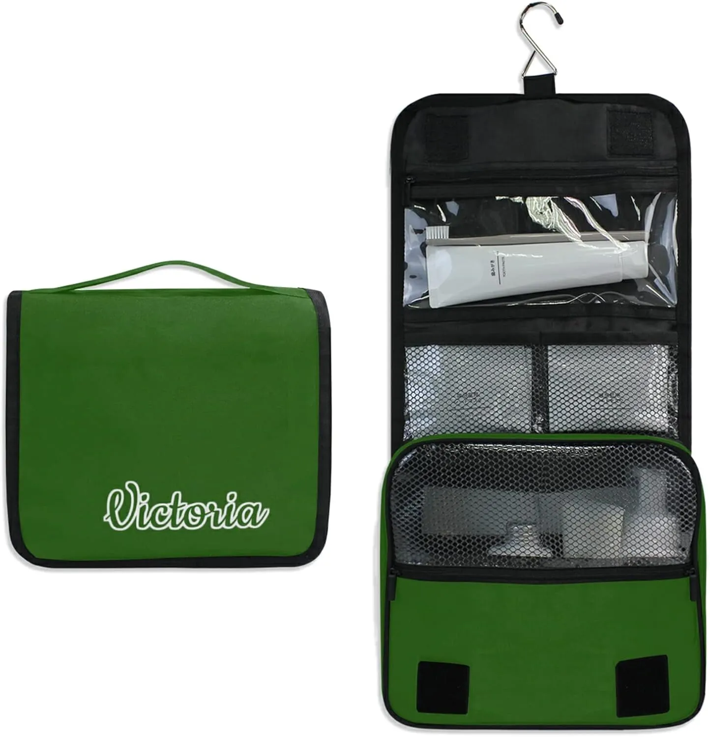 Custom Green Travel Hanging Toiletry Bag Personalized Makeup Large Customized Cosmetic Bag Cosmetic Holder Waterproof for Shampoo Full Sized Container Toiletries