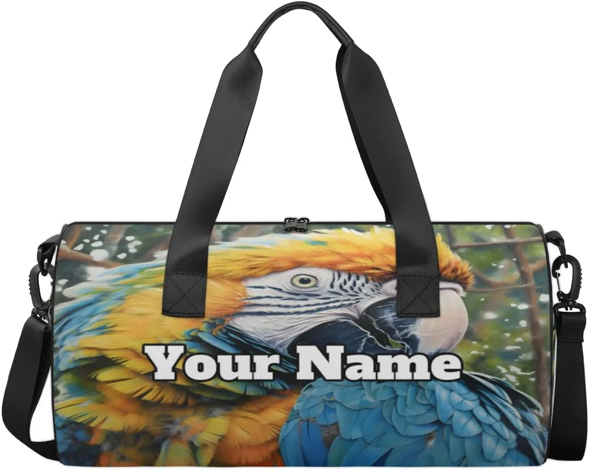 Custom Gym Bag for Women Men with Name, Personalized Animal Duffel Bag for Sports, Waterproof Dance Bag, Lightweight Carryon Gym Bag, Parrot