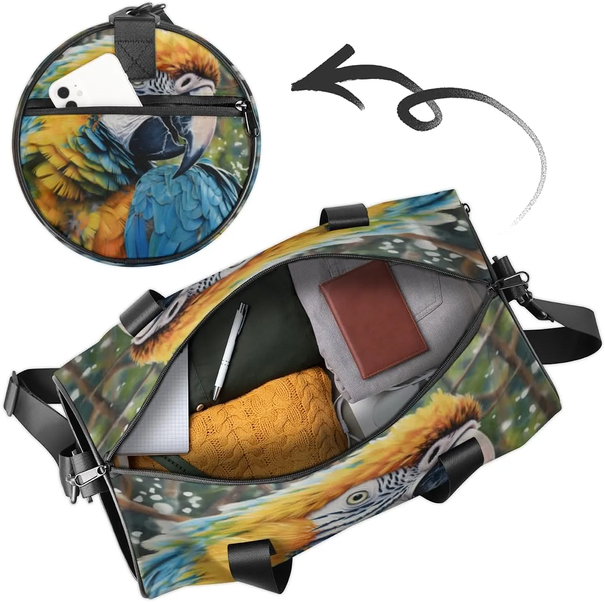Custom Gym Bag for Women Men with Name, Personalized Animal Duffel Bag for Sports, Waterproof Dance Bag, Lightweight Carryon Gym Bag, Parrot