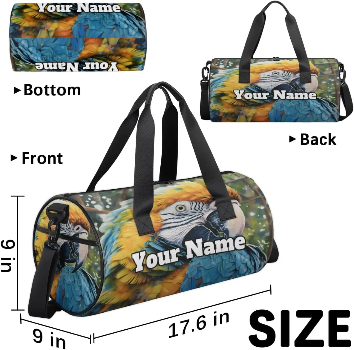 Custom Gym Bag for Women Men with Name, Personalized Animal Duffel Bag for Sports, Waterproof Dance Bag, Lightweight Carryon Gym Bag, Parrot