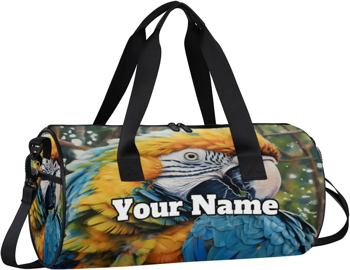 Custom Gym Bag for Women Men with Name, Personalized Animal Duffel Bag for Sports, Waterproof Dance Bag, Lightweight Carryon Gym Bag, Parrot