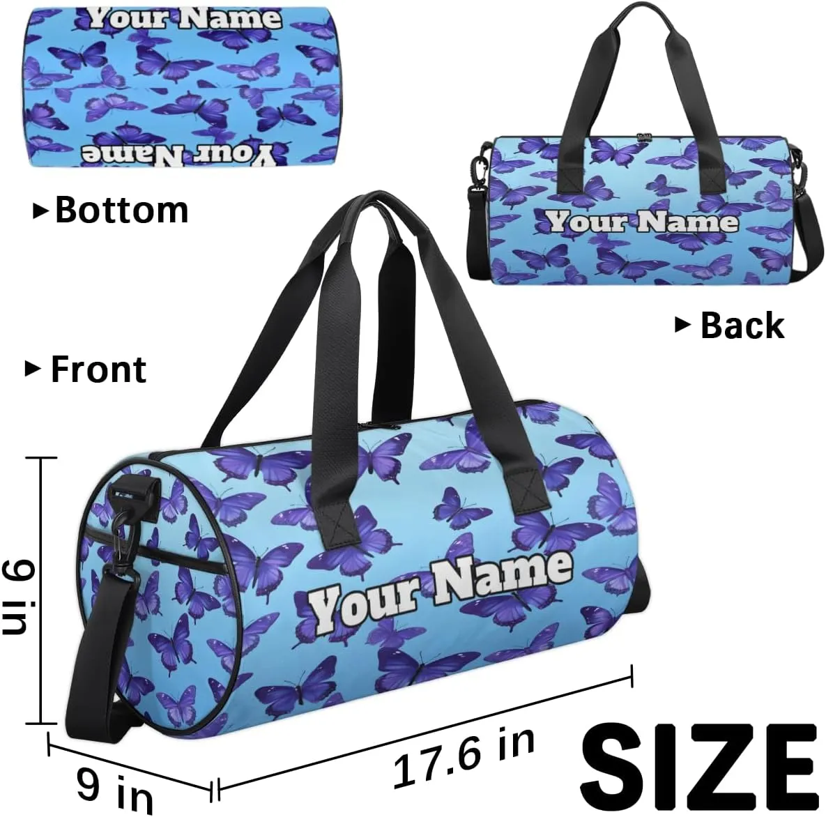 Custom Gym Bag for Women Men with Name, Personalized Butterfly Theme Duffel Bag for Sports, Waterproof Dance Bag, Lightweight Carryon Gym Bag, Butterfly