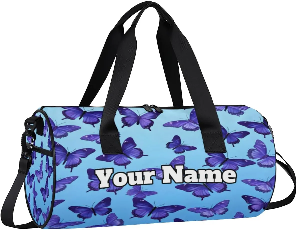 Custom Gym Bag for Women Men with Name, Personalized Butterfly Theme Duffel Bag for Sports, Waterproof Dance Bag, Lightweight Carryon Gym Bag, Butterfly