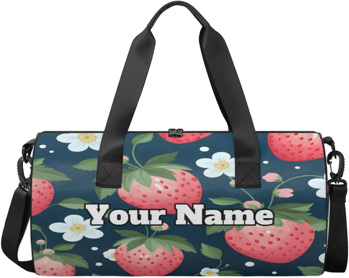 Custom Gym Bag for Women Men with Name, Personalized Cute Strawberry Duffel Bag for Sports, Waterproof Dance Bag, Lightweight Carryon Gym Bag, Flowers