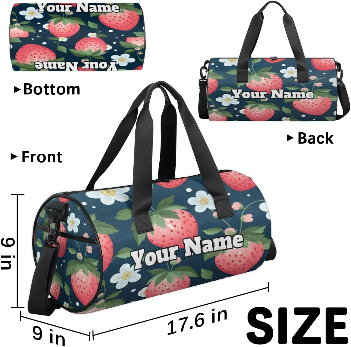 Custom Gym Bag for Women Men with Name, Personalized Cute Strawberry Duffel Bag for Sports, Waterproof Dance Bag, Lightweight Carryon Gym Bag, Flowers