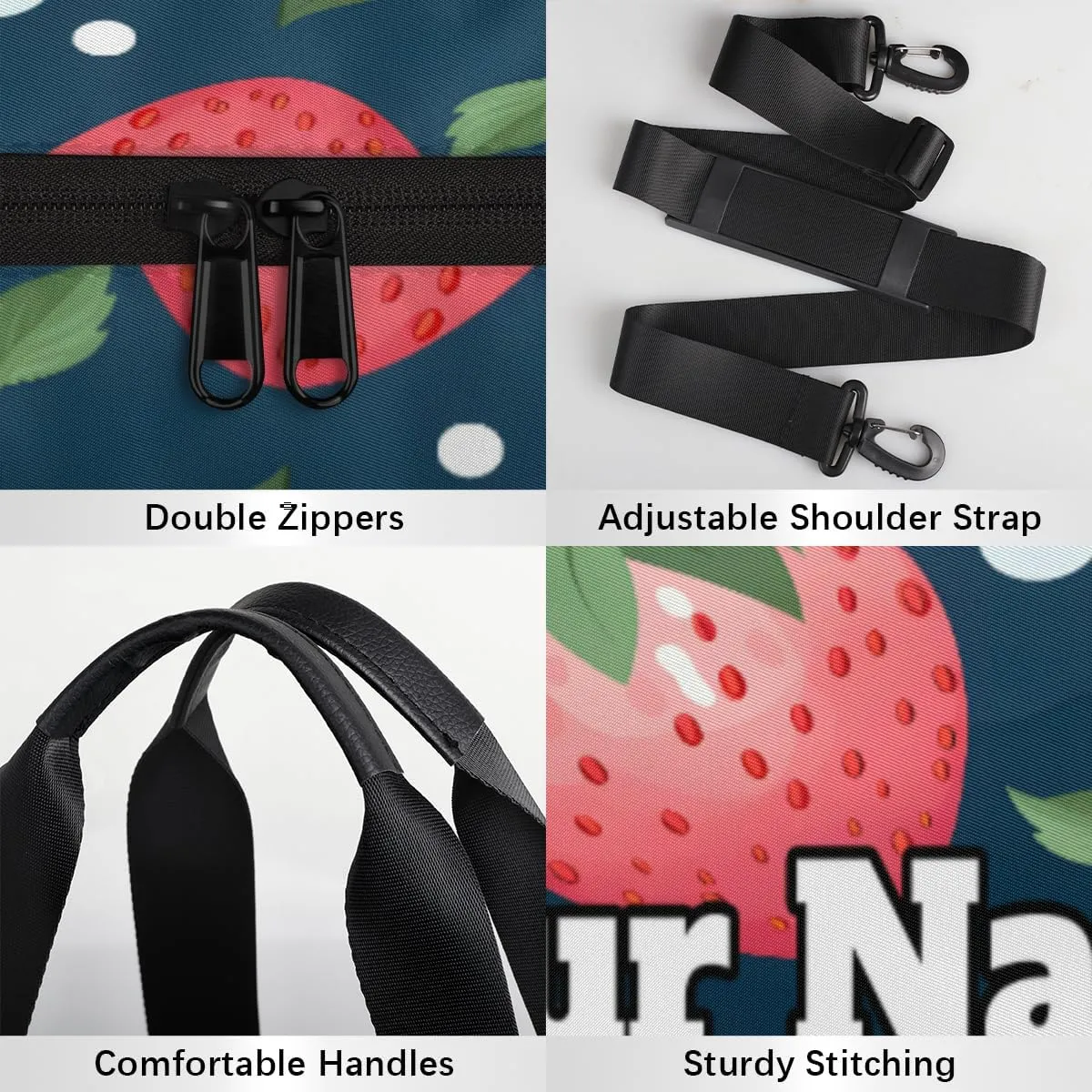 Custom Gym Bag for Women Men with Name, Personalized Cute Strawberry Duffel Bag for Sports, Waterproof Dance Bag, Lightweight Carryon Gym Bag, Flowers
