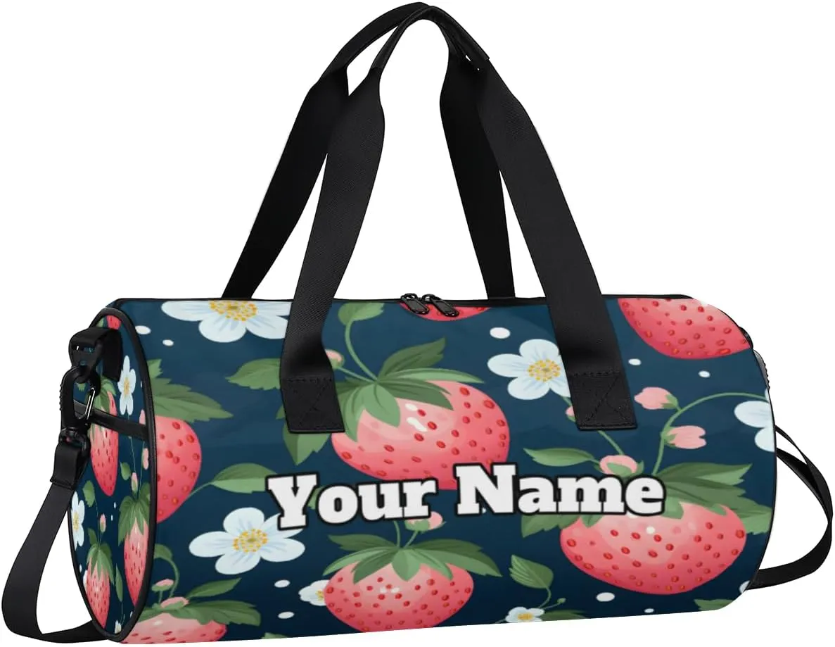 Custom Gym Bag for Women Men with Name, Personalized Cute Strawberry Duffel Bag for Sports, Waterproof Dance Bag, Lightweight Carryon Gym Bag, Flowers