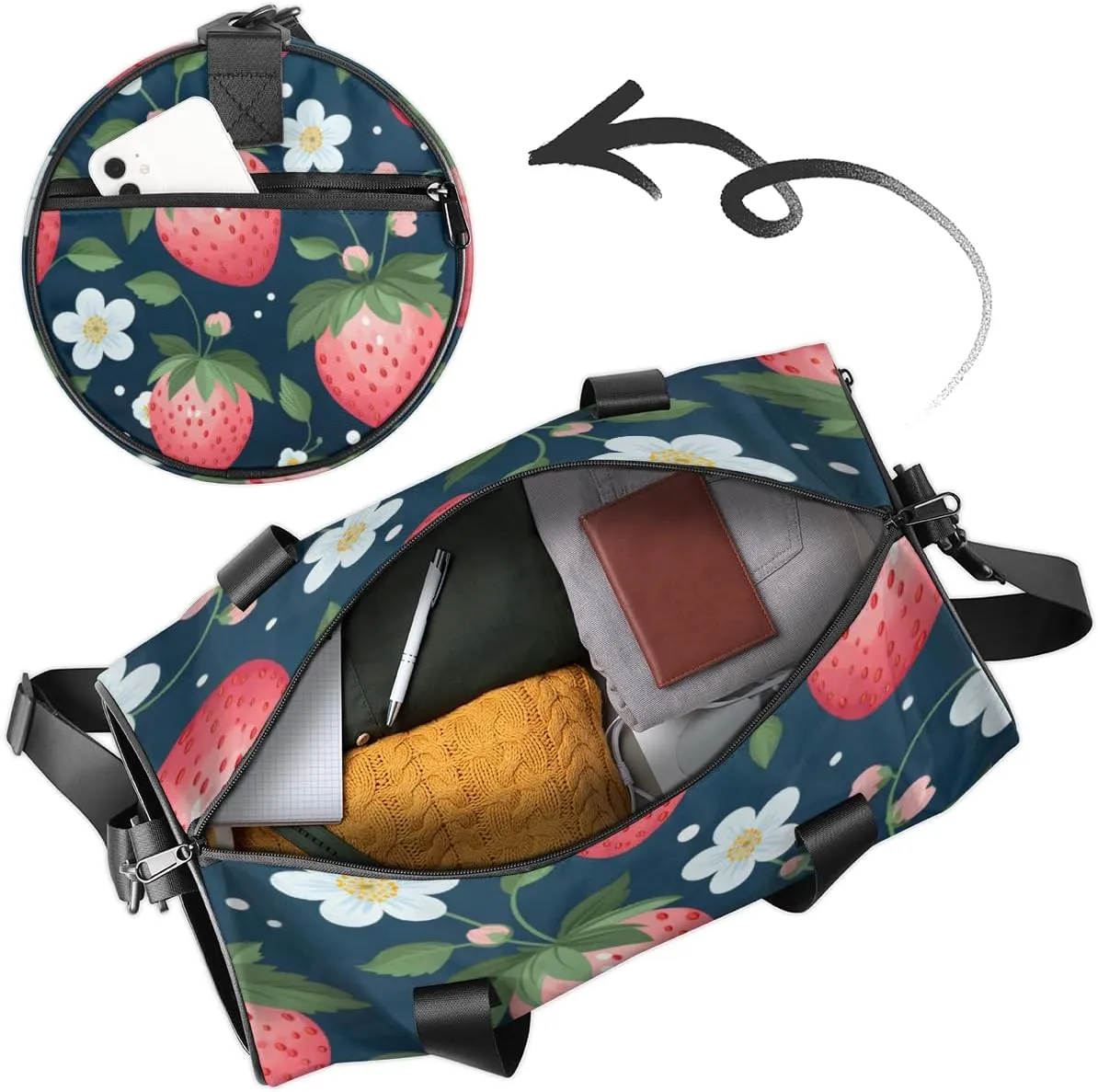 Custom Gym Bag for Women Men with Name, Personalized Cute Strawberry Duffel Bag for Sports, Waterproof Dance Bag, Lightweight Carryon Gym Bag, Flowers