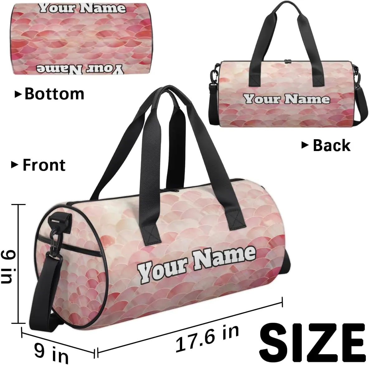 Custom Gym Bag for Women Men with Name, Personalized Fish Scale Pattern Duffel Bag for Sports, Waterproof Dance Bag, Lightweight Carryon Gym Bag, Fish Scale