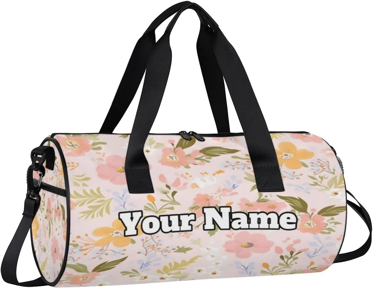 Custom Gym Bag for Women Men with Name, Personalized Flower Print Duffel Bag for Sports, Waterproof Dance Bag, Lightweight Carryon Gym Bag, Floral