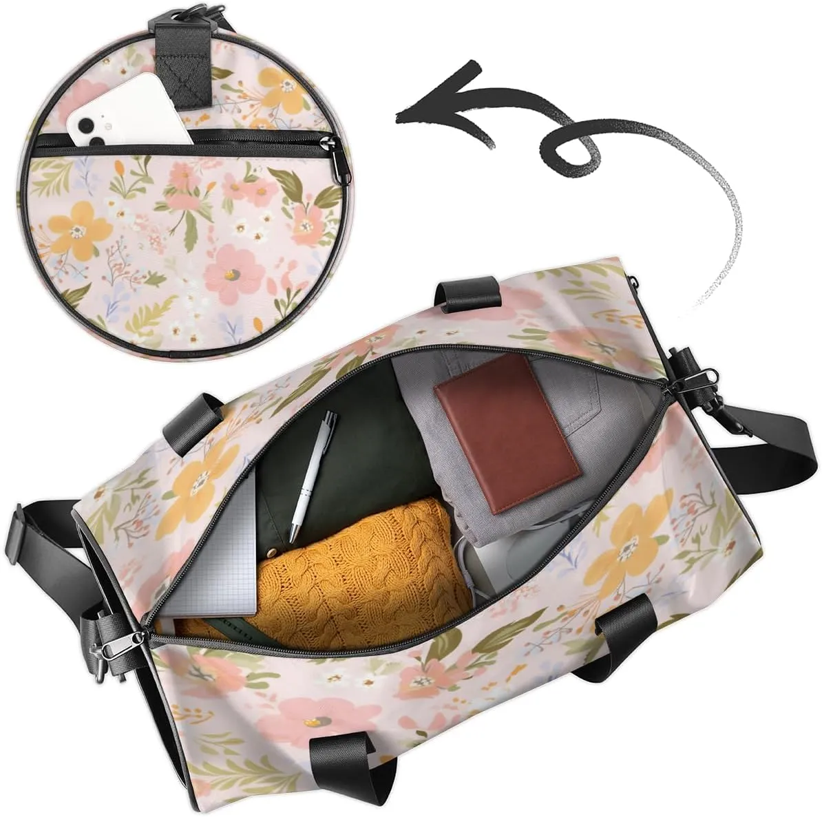 Custom Gym Bag for Women Men with Name, Personalized Flower Print Duffel Bag for Sports, Waterproof Dance Bag, Lightweight Carryon Gym Bag, Floral
