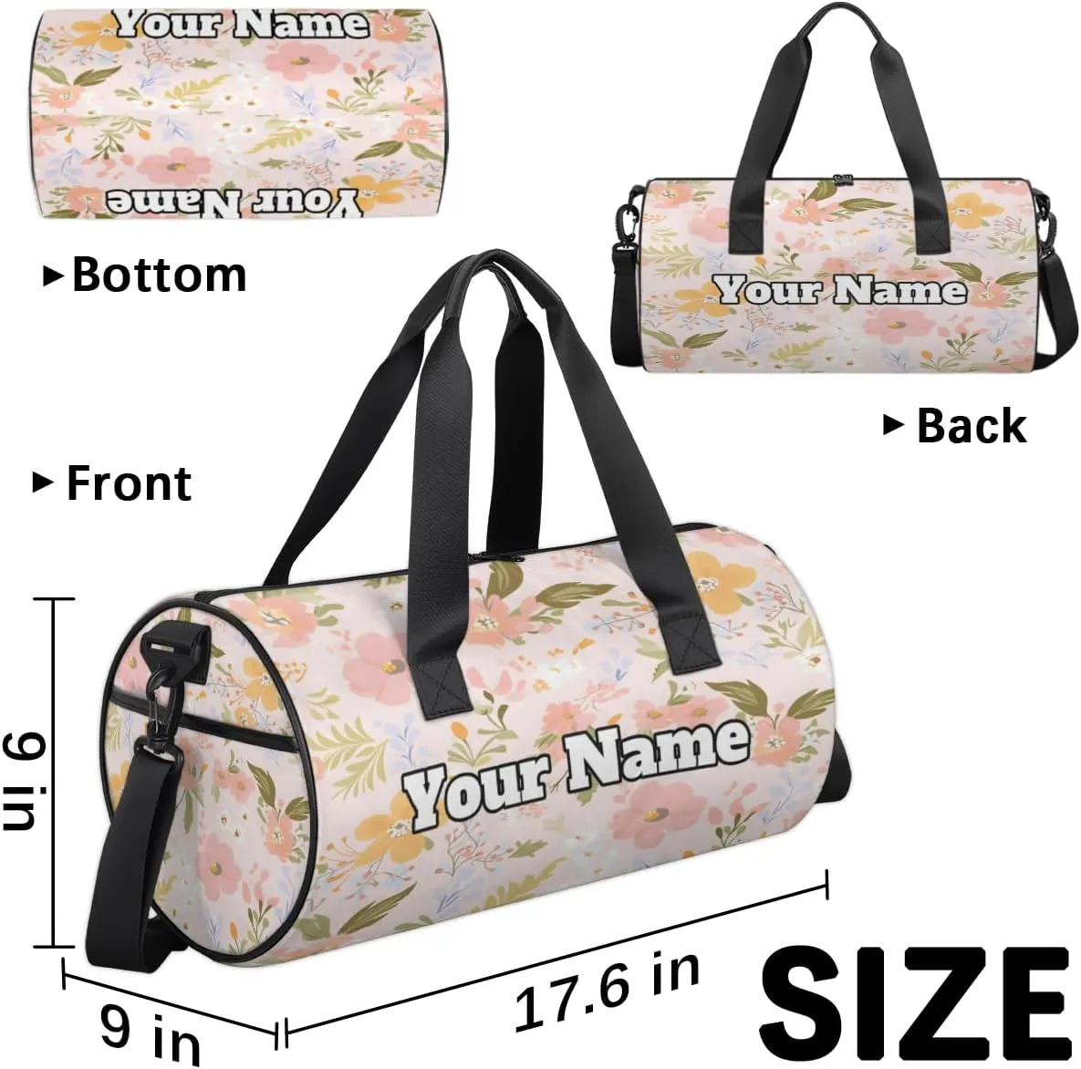 Custom Gym Bag for Women Men with Name, Personalized Flower Print Duffel Bag for Sports, Waterproof Dance Bag, Lightweight Carryon Gym Bag, Floral