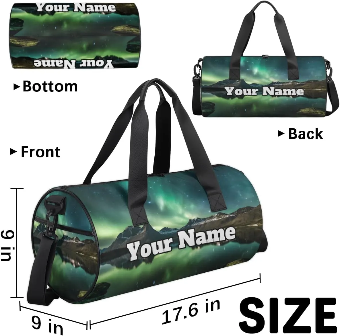 Custom Gym Bag for Women Men with Name, Personalized Green Aurora Duffel Bag for Sports, Waterproof Dance Bag, Lightweight Carryon Gym Bag, Lake