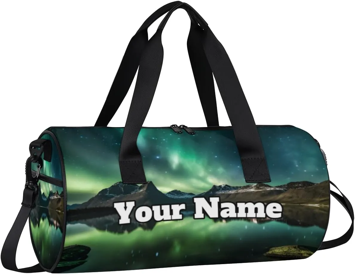 Custom Gym Bag for Women Men with Name, Personalized Green Aurora Duffel Bag for Sports, Waterproof Dance Bag, Lightweight Carryon Gym Bag, Lake