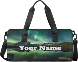 Custom Gym Bag for Women Men with Name, Personalized Green Aurora Duffel Bag for Sports, Waterproof Dance Bag, Lightweight Carryon Gym Bag, Lake