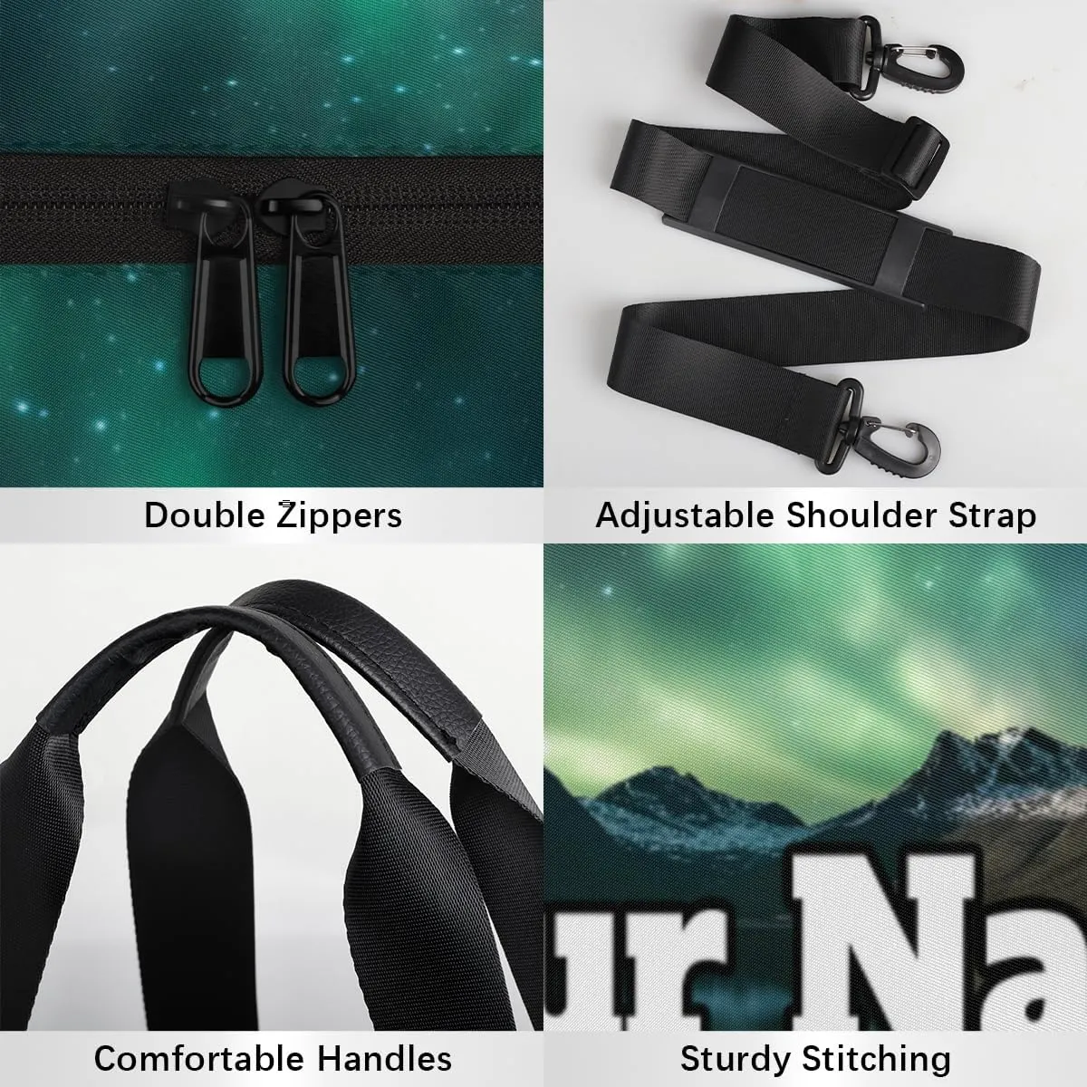 Custom Gym Bag for Women Men with Name, Personalized Green Aurora Duffel Bag for Sports, Waterproof Dance Bag, Lightweight Carryon Gym Bag, Lake