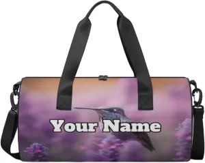 Custom Gym Bag for Women Men with Name, Personalized Hummingbird Duffel Bag for Sports, Waterproof Dance Bag, Lightweight Carryon Gym Bag, Lavender
