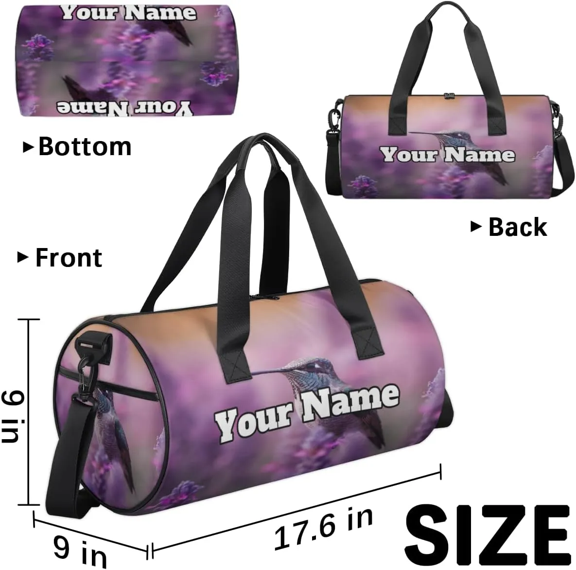 Custom Gym Bag for Women Men with Name, Personalized Hummingbird Duffel Bag for Sports, Waterproof Dance Bag, Lightweight Carryon Gym Bag, Lavender